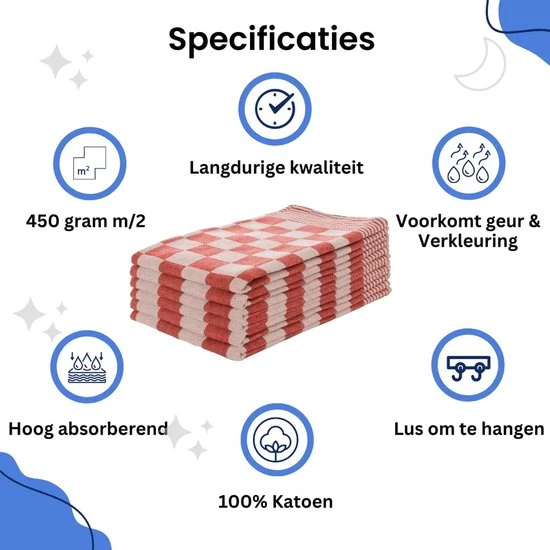 Theedoeken - Horeca Kwaliteit - Katoenenen Theedoeken set - 100 x - Rood Wit - Ophang Lus - Afbeelding 3