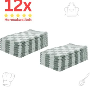 Theedoeken - Horeca Kwaliteit - Katoenenen Theedoeken set - 12 x - Groen Wit - Ophang Lus