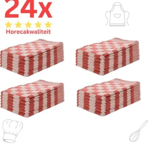 Theedoeken - Horeca Kwaliteit - Katoenenen Theedoeken set - 24 x - Rood Wit - Ophang Lus