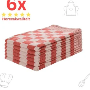 Theedoeken - Horeca Kwaliteit - Katoenenen Theedoeken set - 6 x - Rood Wit - Ophang Lus