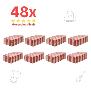 Theedoeken - Horeca Kwaliteit - Katoenenen Theedoeken set - 48 x - Rood Wit - Ophang Lus