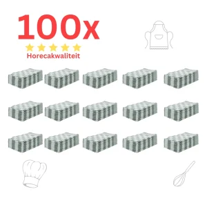 Theedoeken - Horeca Kwaliteit - Katoenenen Theedoeken set - 100 x - Groen Wit - Ophang Lus