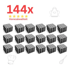 Theedoeken - Horeca Kwaliteit - Katoenenen Theedoeken set - 144 x - Zwart Wit - Ophang Lus