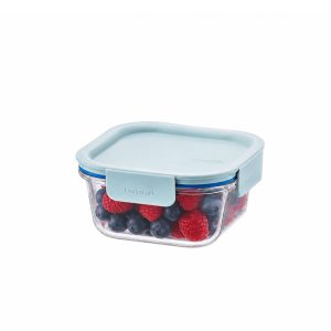 Glazen vershoudbakje met mint deksel 500 ml vierkant